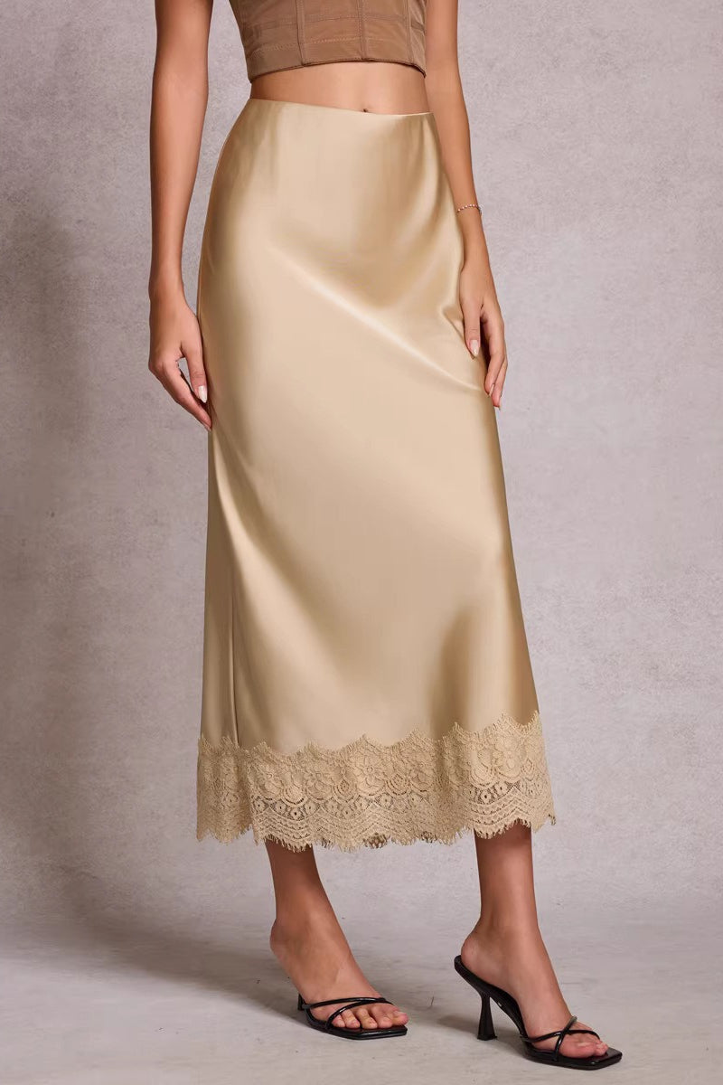 Lace Satin Midi Skirt
