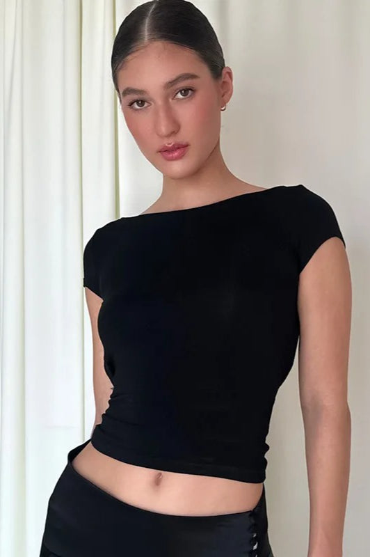 O-Neck Backless Ruched Crop Top - Fashionpara