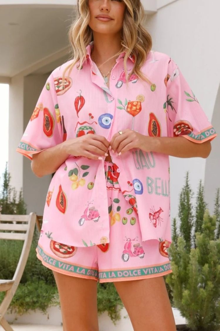 Linen Blend Unique Printed Short-sleeved Loose Shirt and Elastic Waist Drawstring Shorts Set - Fashionpara