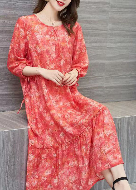 Floral Print Round Neck Tie Cuff Three Quarter Sleeve Midi Dress - View 3