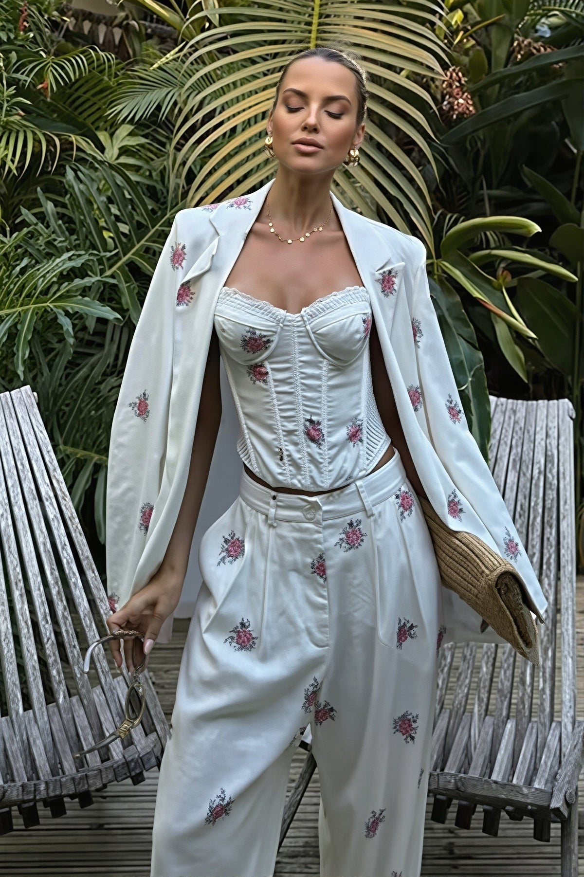 Floral Blazer Cami and Wide Leg Pants Set