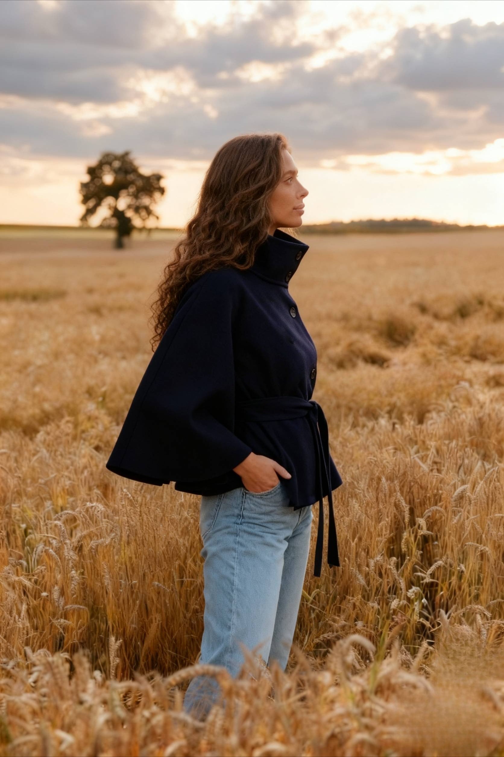 Button Up Stand Collar Cape Coat - Fashionpara