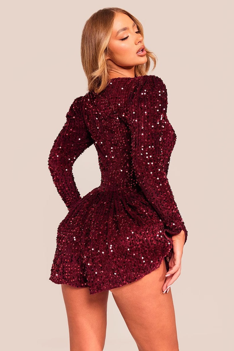 Elegant Long Sleeve Petite Sequined Party Sequin Dress - Fashionpara