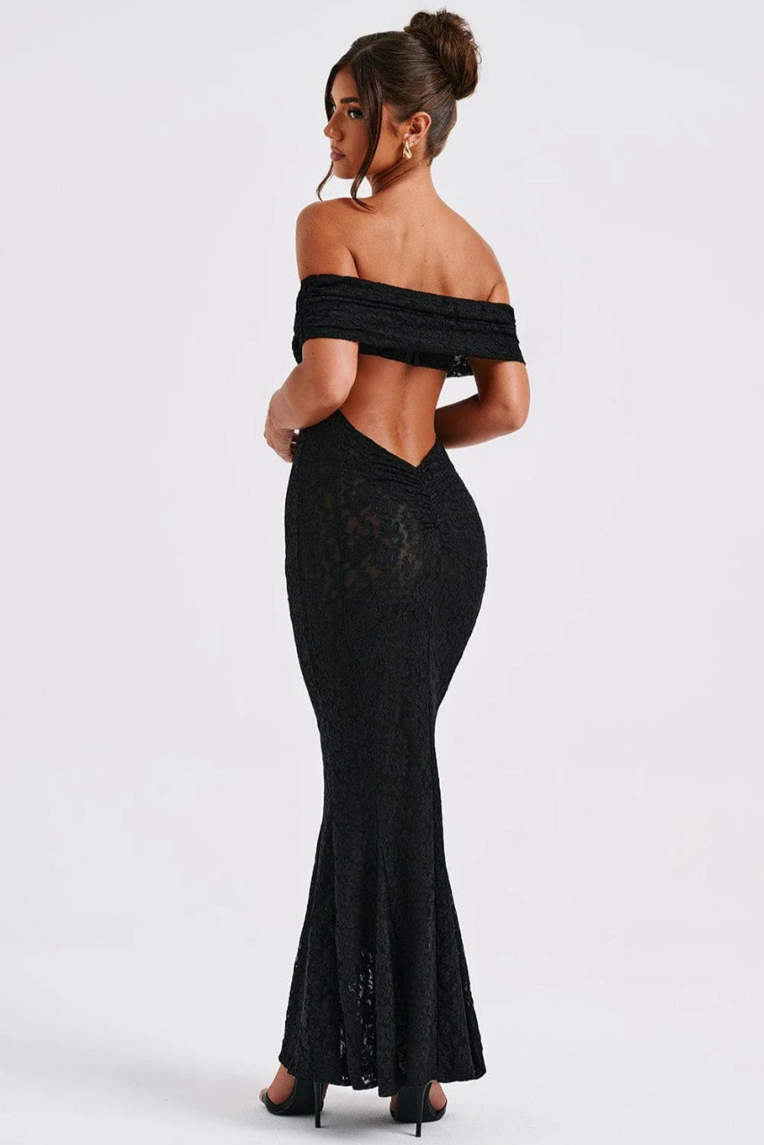 Sheer Floral Lace Off-Shoulder Mermaid Maxi Gown