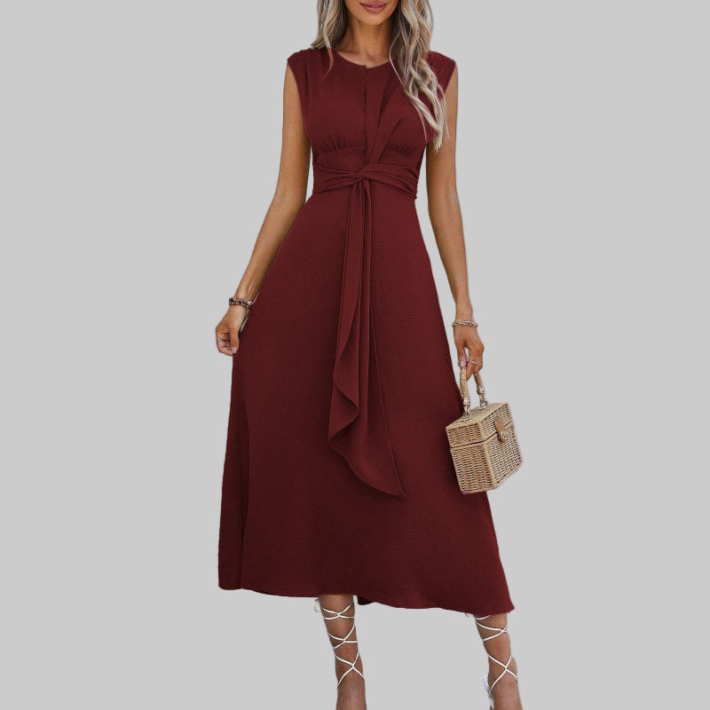 Round Neck Cap Sleeve Tie Waist A-Line Midi Dress 9