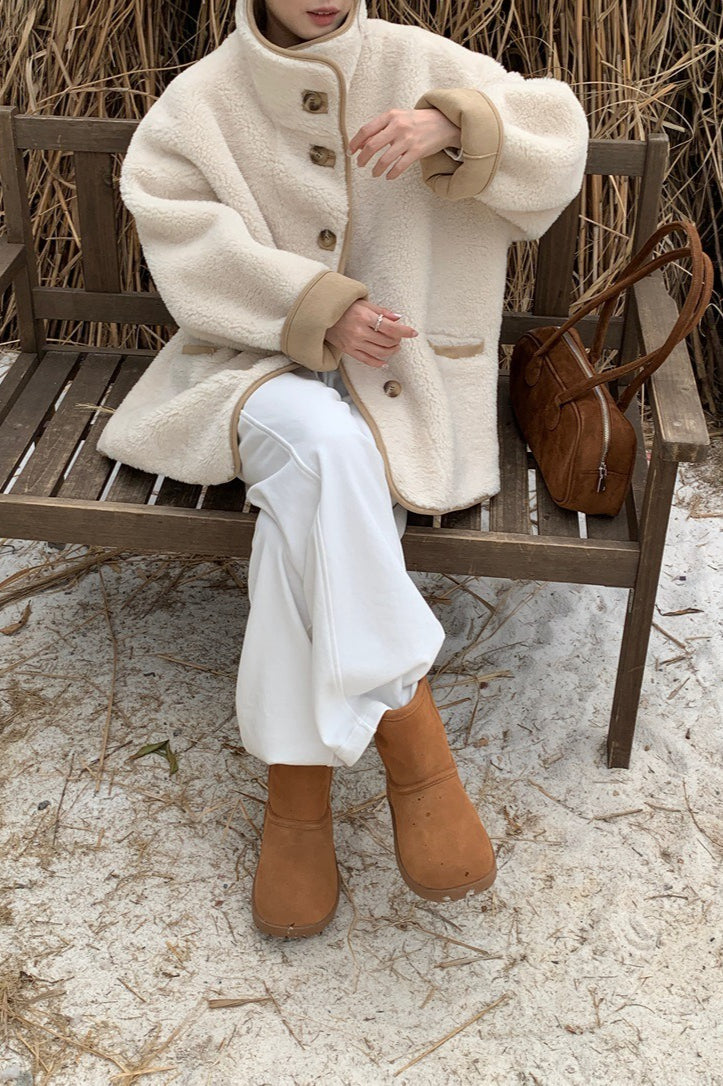 Stand Collar Faux Shearling Cropped Coat - Fashionpara