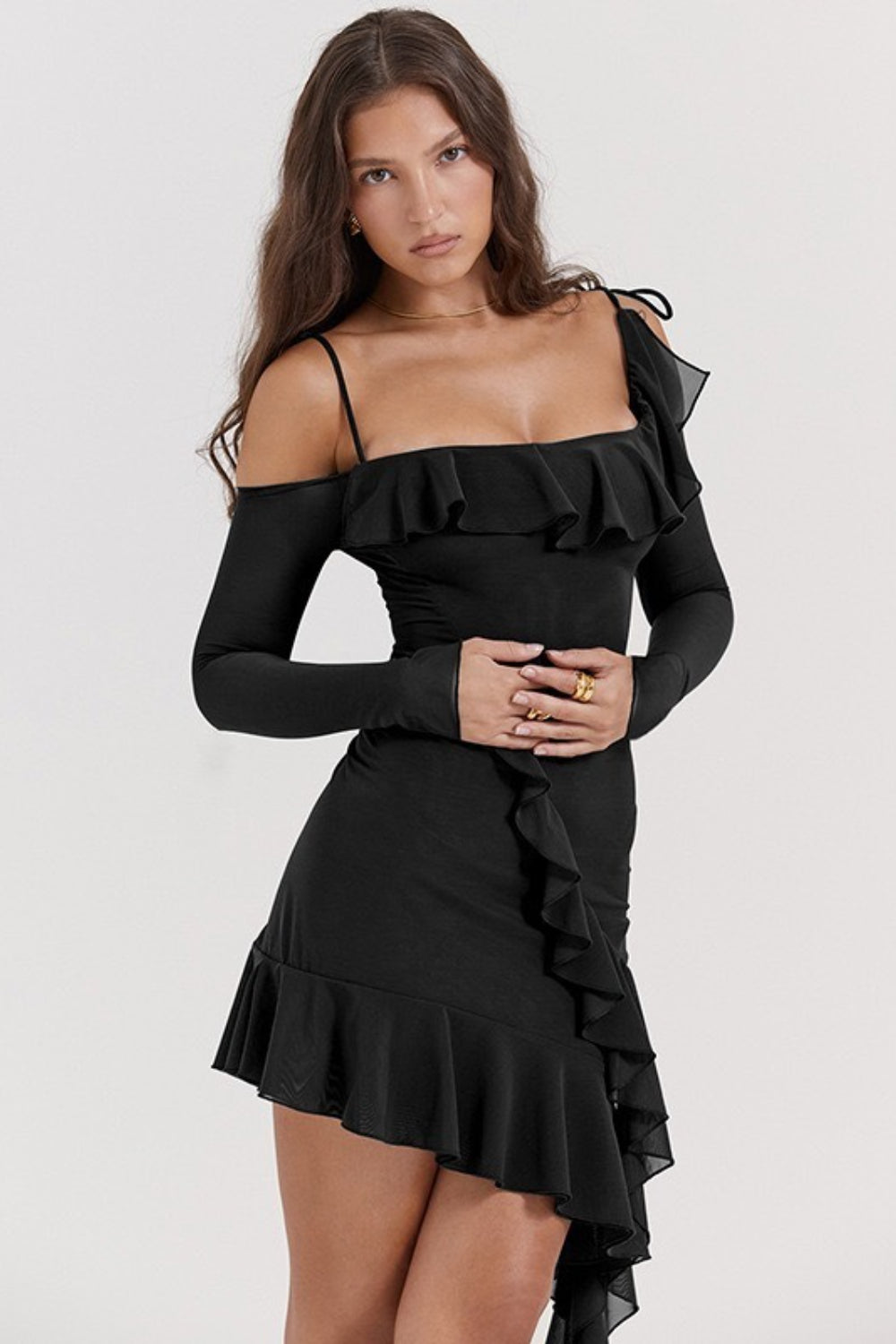 Ruffled One-Shoulder Bodycon Midi Dress