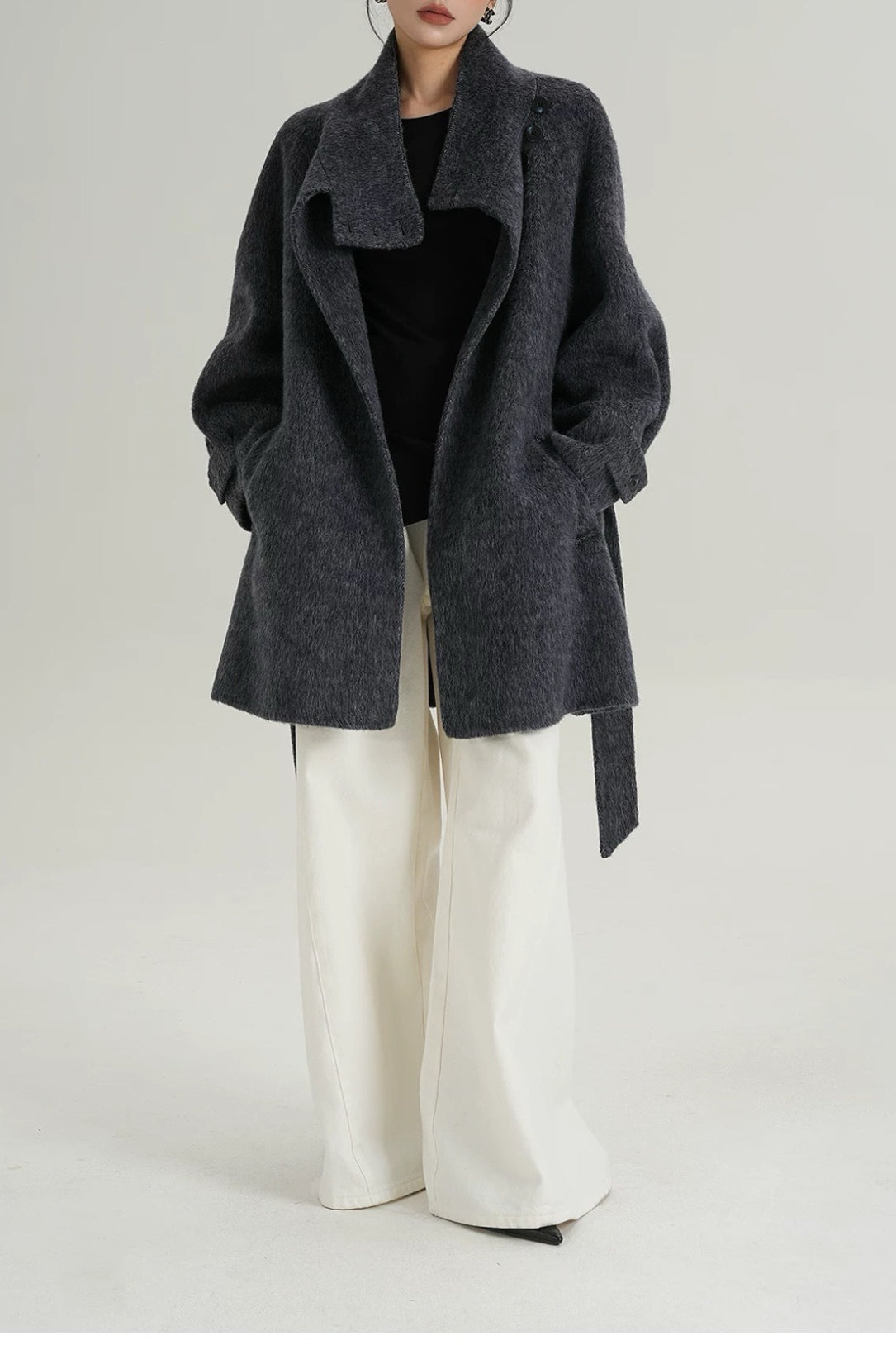 Solid Wool Warm Loose Mock-neck Coat 5