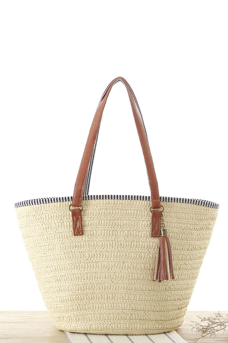 Trendy Leather Straps Woven Straw Beach Shoulder Bag - Fashionpara