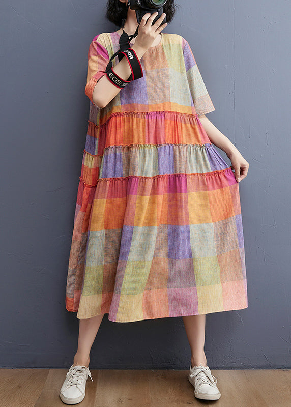 Plaid Print Crew Neck Short Sleeve Tiered Ruffle Oversized Midi Dress