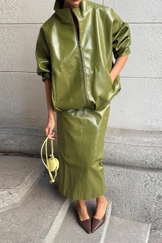 Chic Solid Patent Leather Stand Collar Jacket Skirt Two Piece Set
