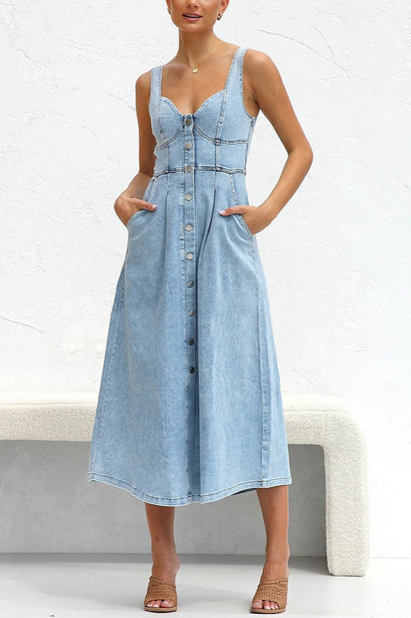 Denim Sweetheart Button-Front A-Line Midi Dress