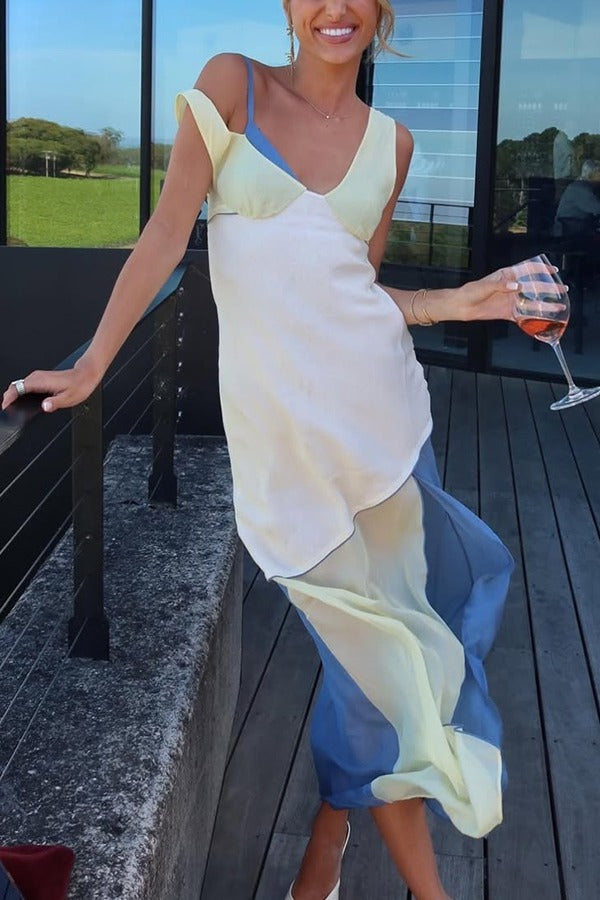 Grace and Effortless Colour Block Panels Chiffon Hem Midi Dress - Fashionpara