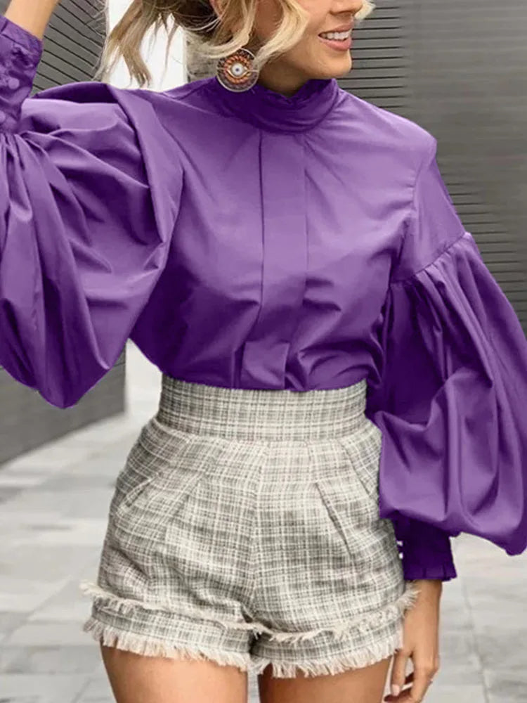 Long Lantern Sleeve Solid Purple Blouse Chic Blouse
