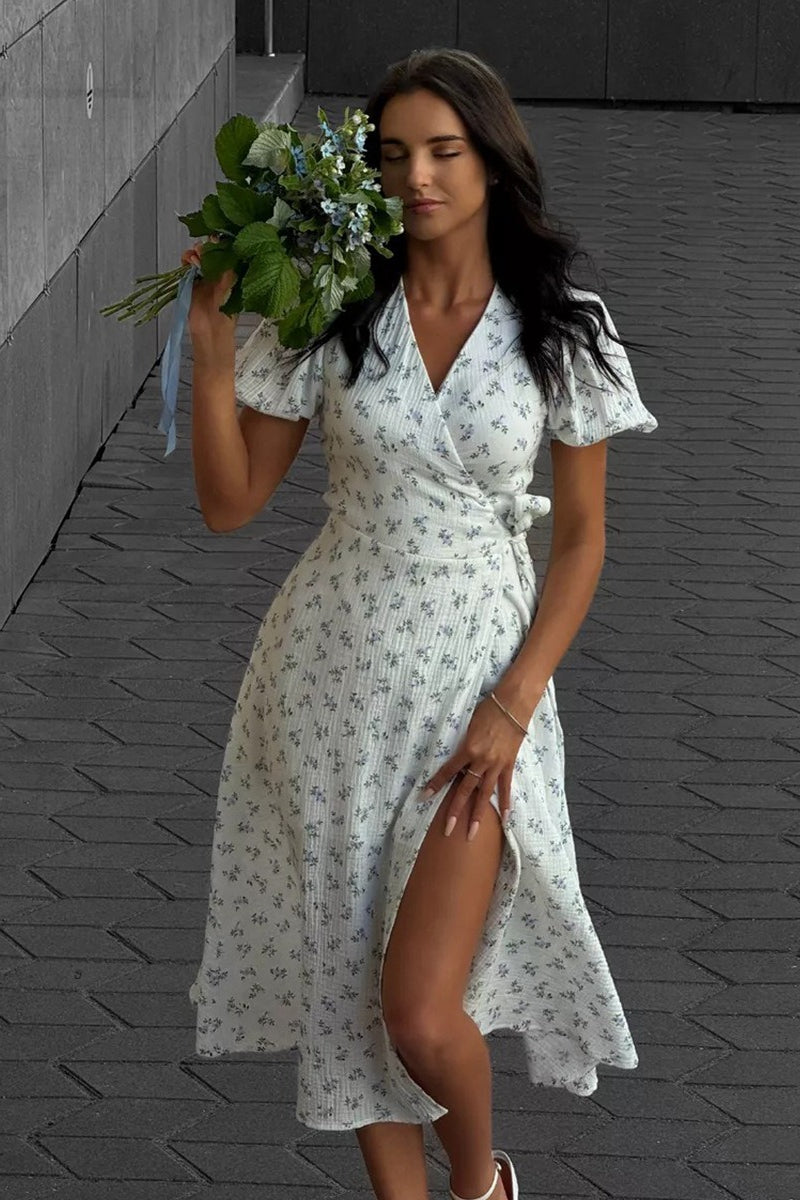 Floral V-Neck Puff Sleeve Wrap A-Line Midi Dress 8