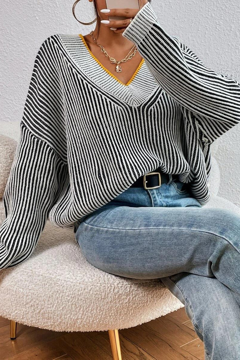 PrincessAce Striped V-Neck Batwing Sweater in Colorblock Style