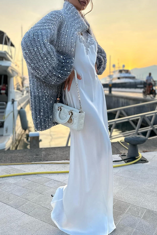 Chic Loose Knit Cardigan with Sequin Balloon Sleeves