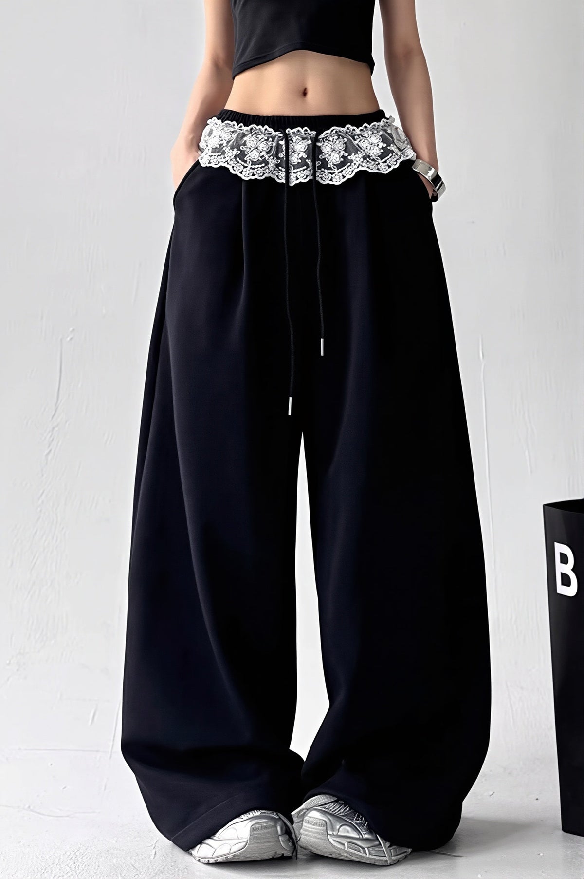 Lace Waist Wide Leg Sweat Pants