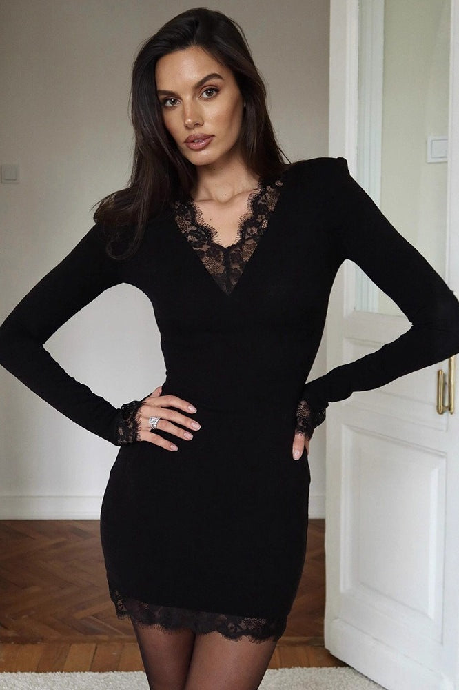 Lace-Trim V-Neck Long Sleeve Bodycon Mini Dress