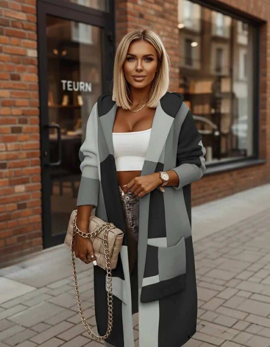 Fashion Geometric Print Long Sleeve Hooded Casual Loose Trench Stylish Coat - Fashionpara