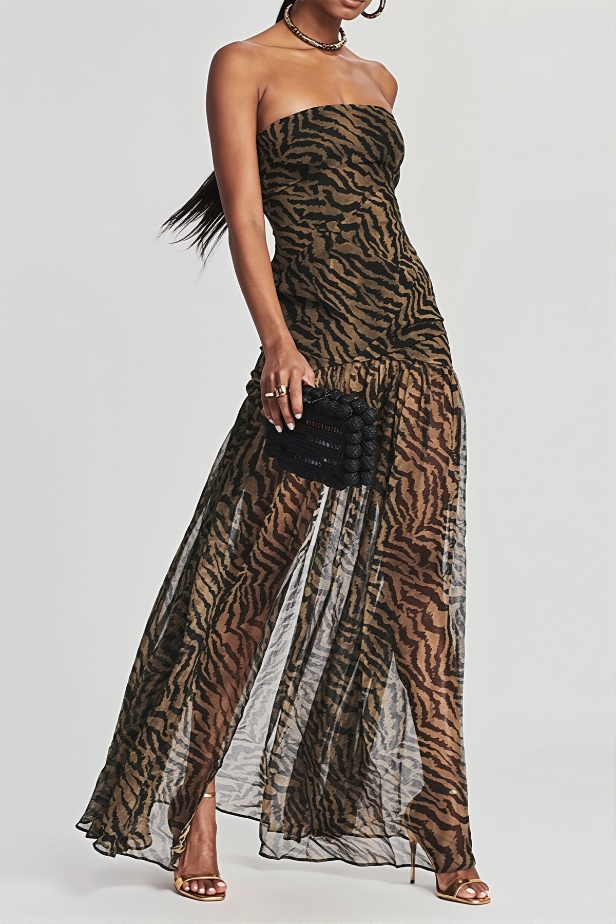 Tiger Print Strapless High-Split Sheer Maxi Dress