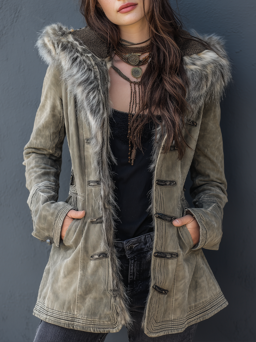 Vintage Distressed Eco-friendly Fur Collar Mid-length Coat - Fashionpara