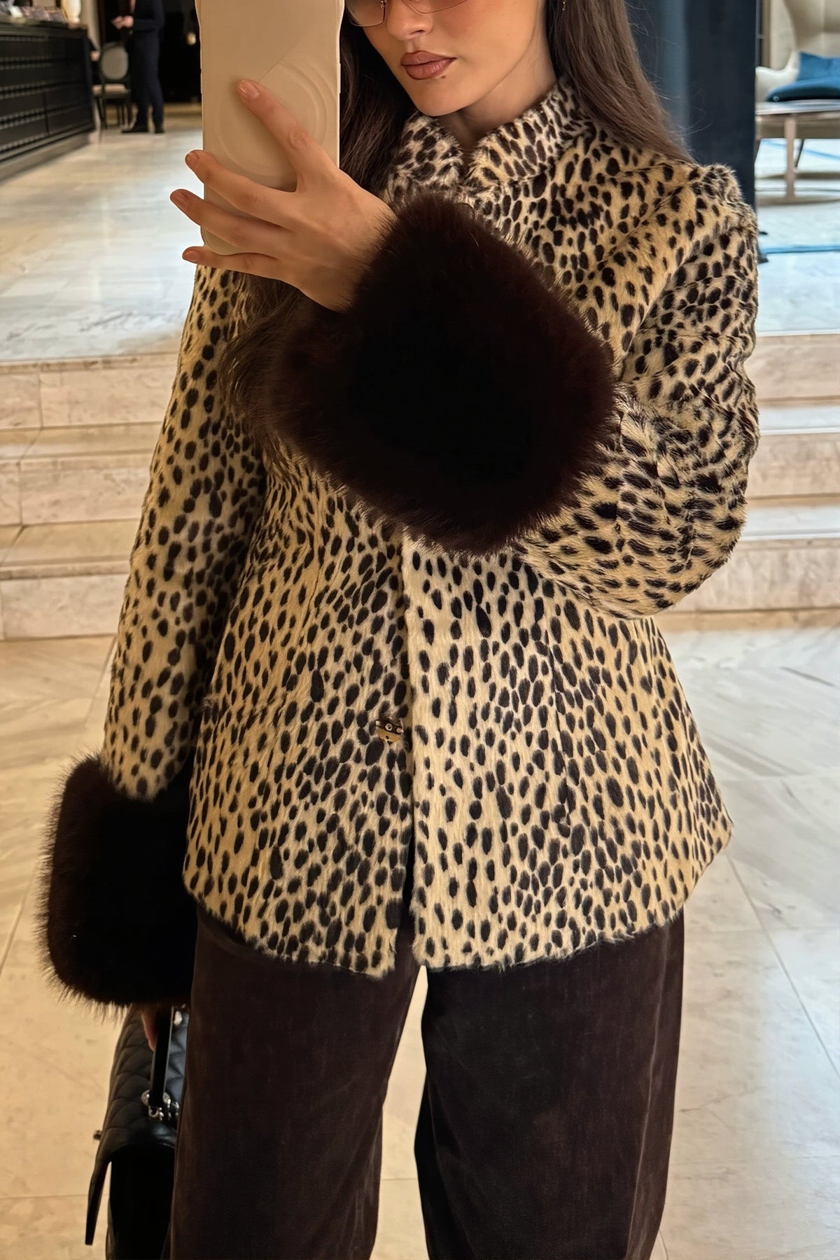Fur Cuff Animal Print Fitted Coat 4
