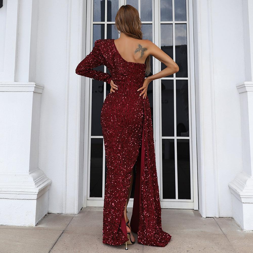 Single Ruffled Shoulder Sequins Maxi Dress - Fashionpara