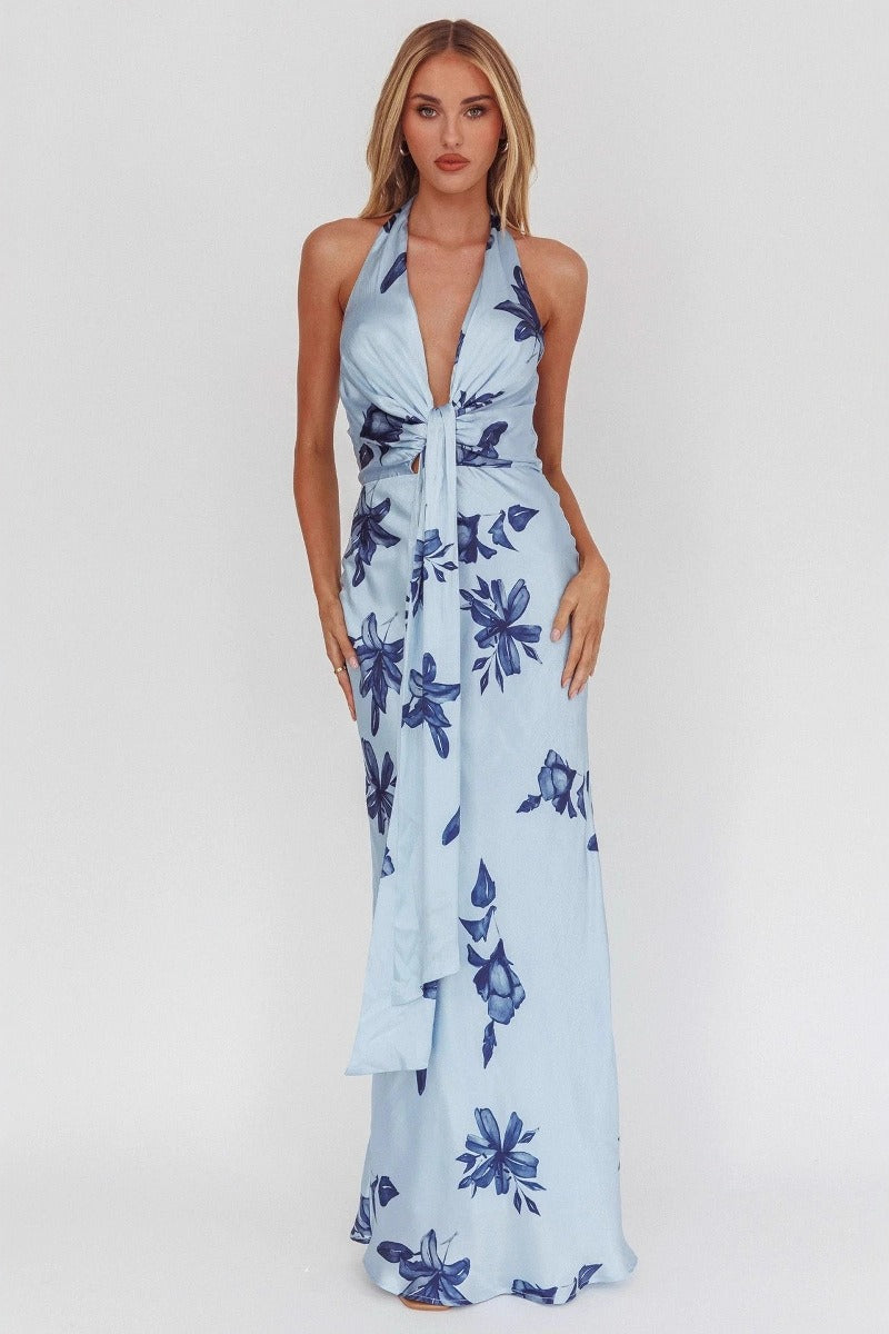 Floral Halter Neck Deep V-Neck Tie Front Maxi Dress 2
