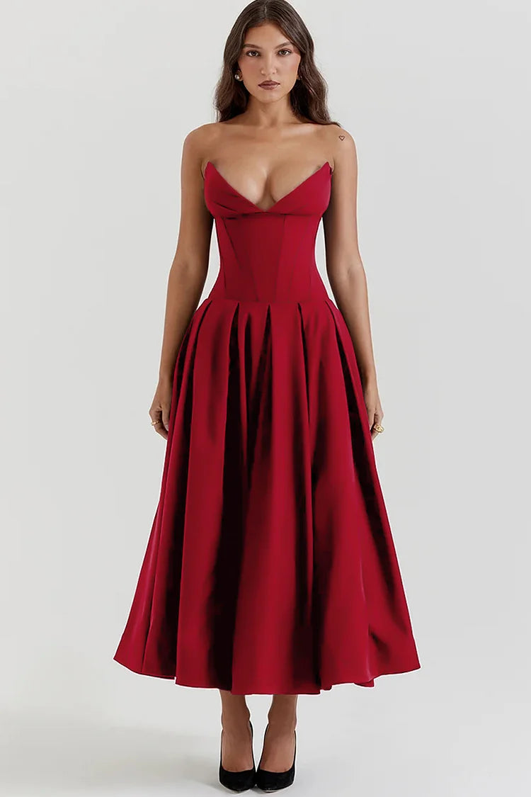 Satin Strapless Corset Pleated Pocket A-Line Midi Dress - View 3