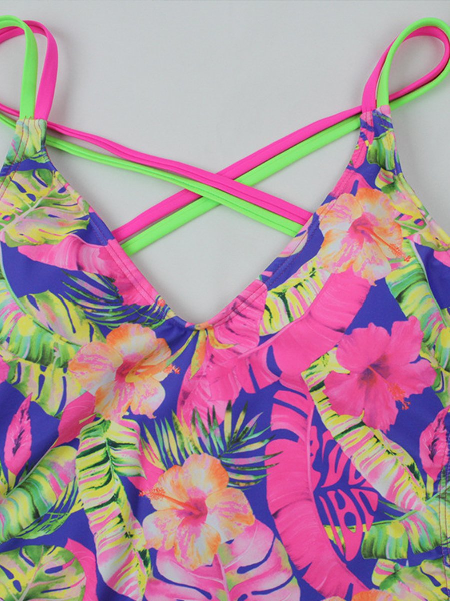 One Piece Swimsuit With Lace Printing Ribbon - Fashionpara
