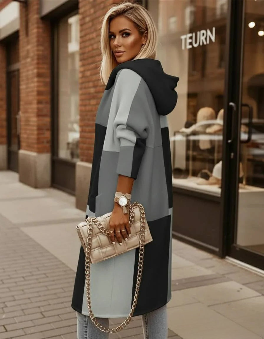 Fashion Geometric Print Long Sleeve Hooded Casual Loose Trench Stylish Coat - Fashionpara