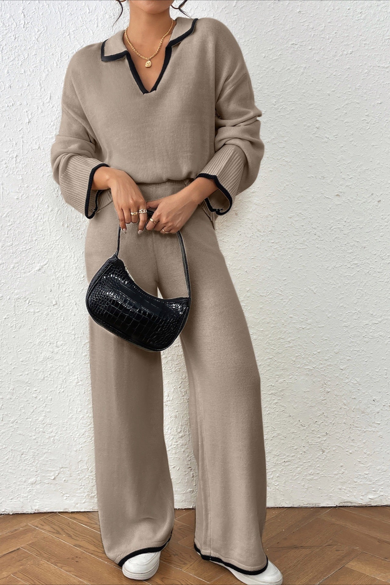 Lazy V-neck Knit Wide-Leg Pants Two Piece Set
