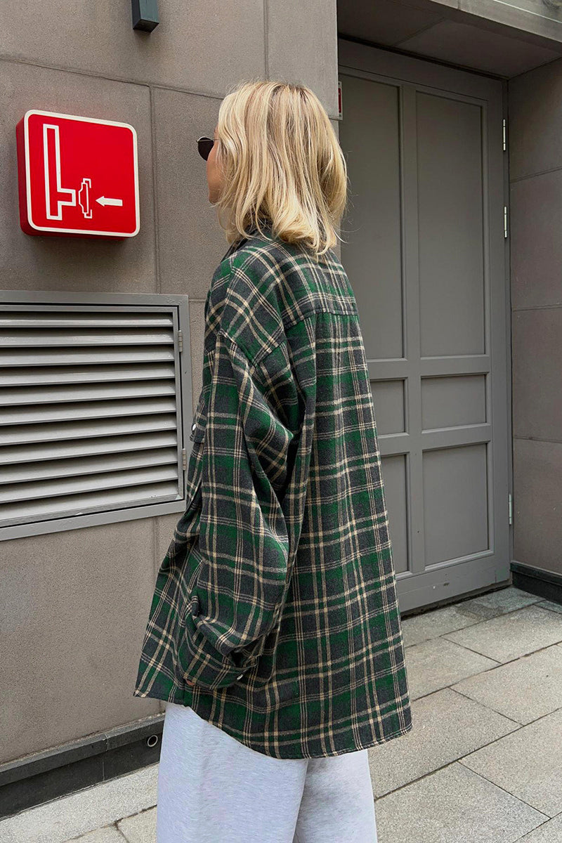 Plaid Mid Length Double Pocket Shirt Blouse