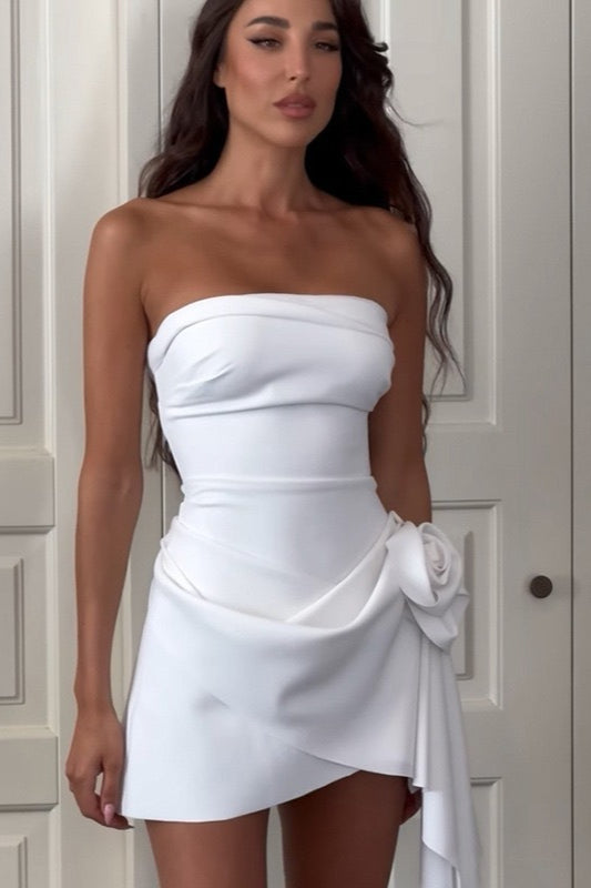 Strapless Rosette Asymmetric Draped Mini Dress