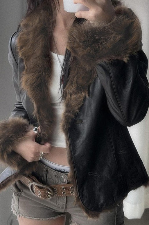Faux Leather Fur Collar Coat