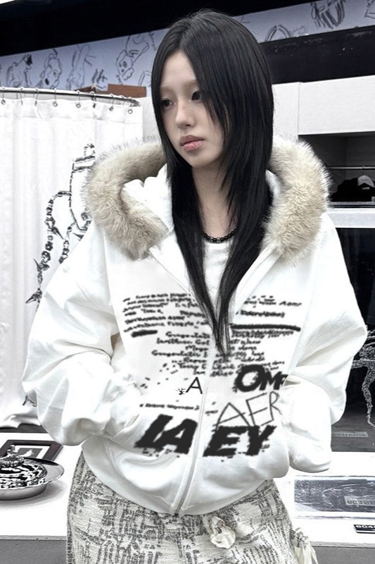 Faux Fur Graffiti Zip Hoodie 2