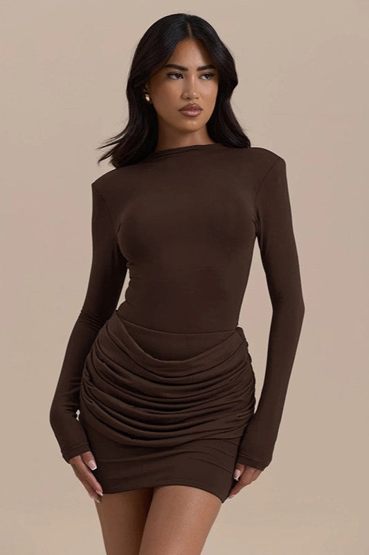 Round-Neck Long-Sleeve Ruched Bodycon Mini Dress