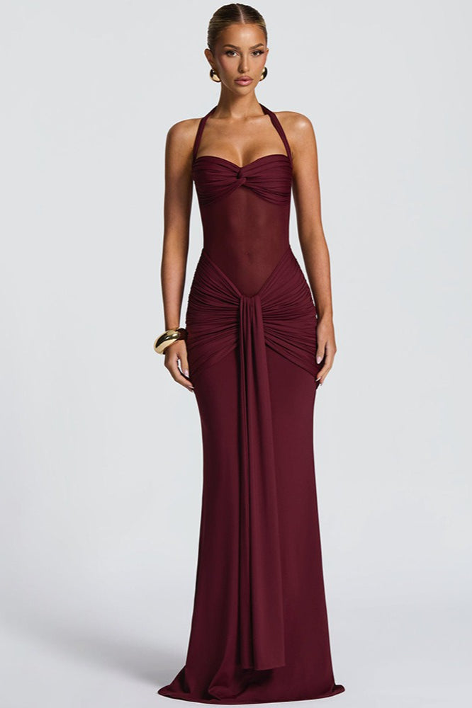 Halter Twist-Front Mesh Panel Ruched Mermaid Gown