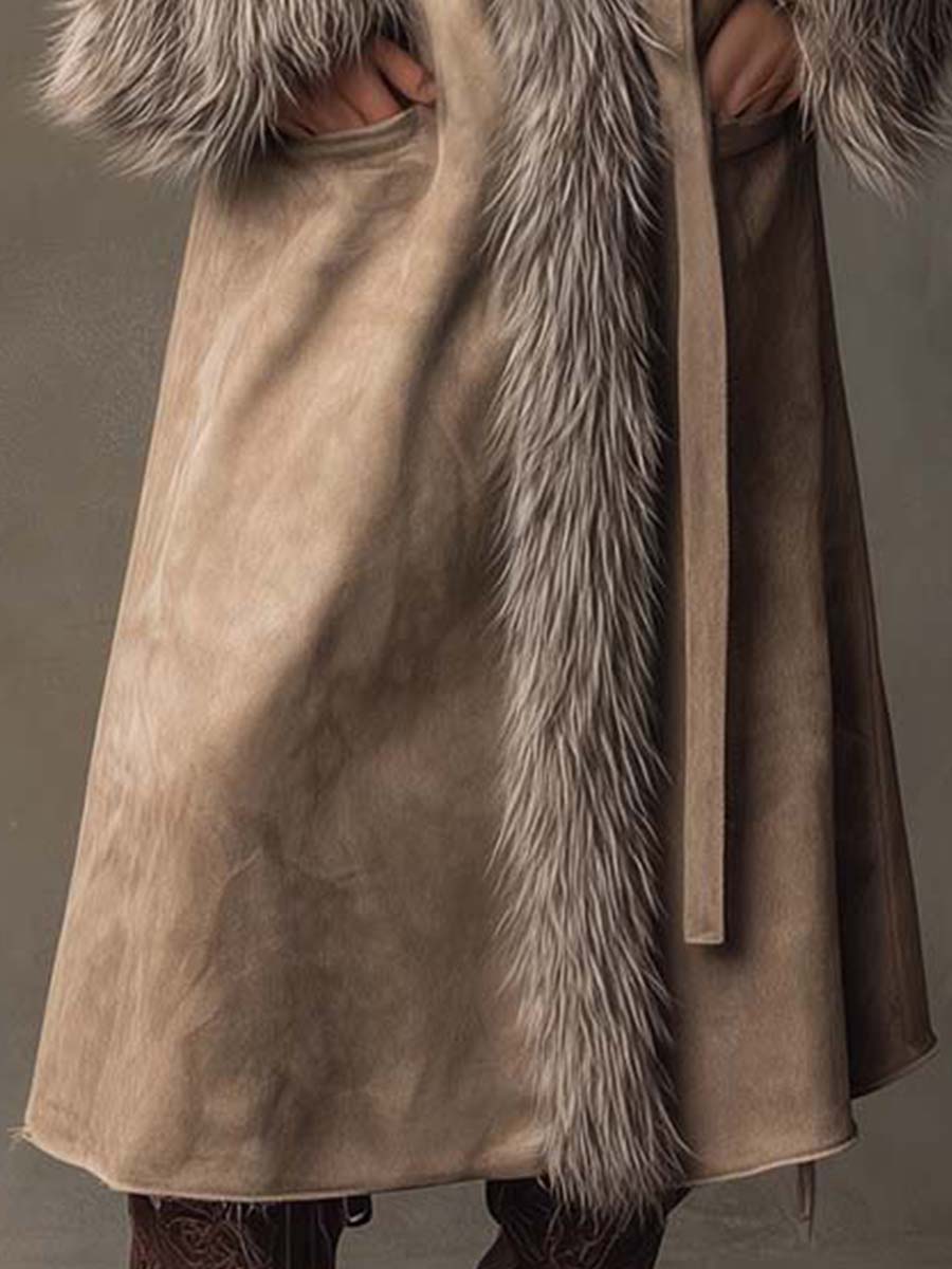 Toffee Cream Eco-friendly Suede Long Coat With Faux Fur Trim And Belt - Fashionpara