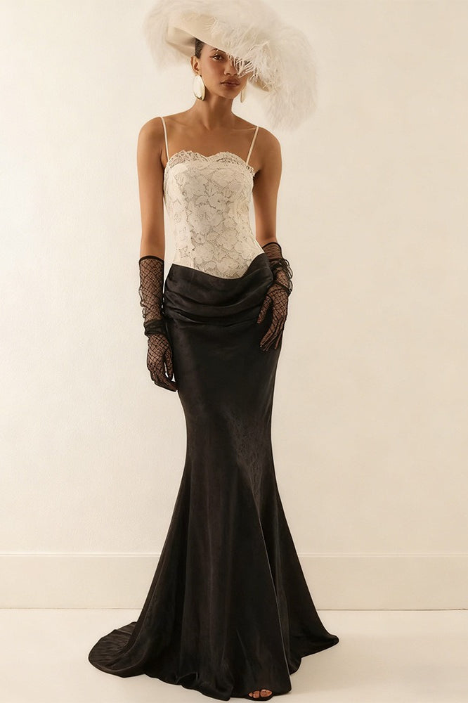 Lace Bodice Spaghetti Strap Draped Mermaid Gown