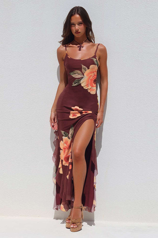 Floral Mesh Tie Split Bodycon Cami Party Dress
