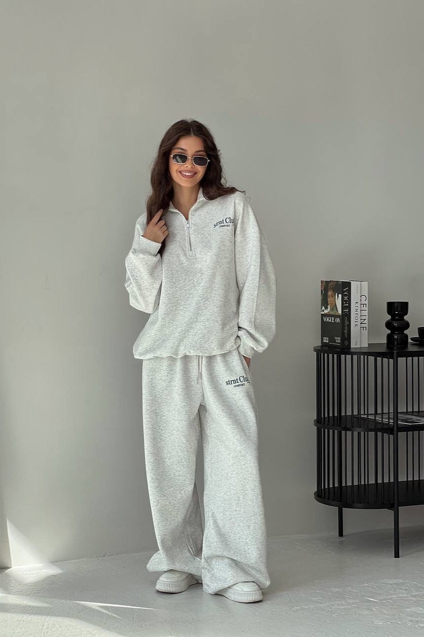 Letter Print Half-Zip Hoodie Loose Straight Pants Two Piece Set