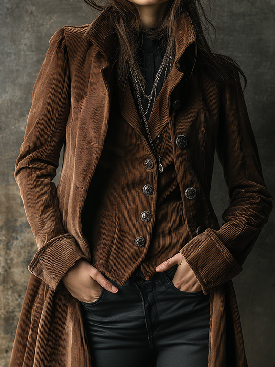 Bohemian Corduroy Stand Collar Mid-length Coat