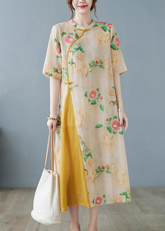 Floral Print Mandarin Collar Frog Closure Asymmetric Midi Dress