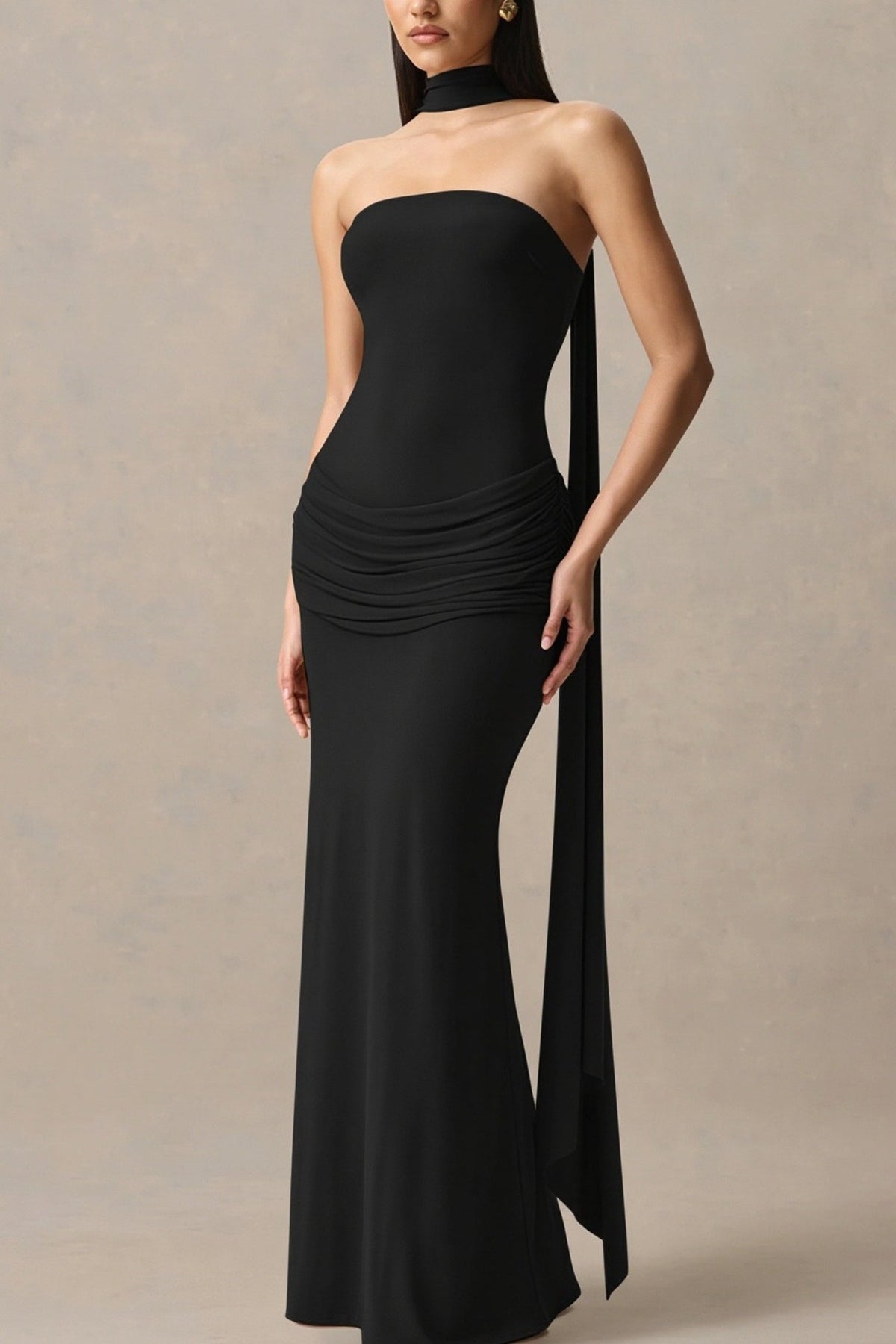 Strapless Choker-Neck Ruched Mermaid Maxi Gown
