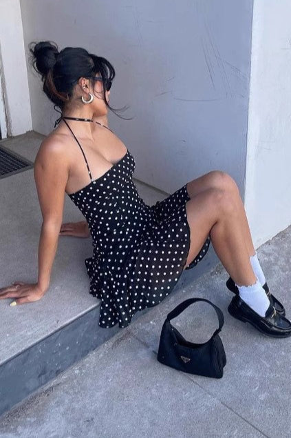 Polka Dot Halter Neck Backless Bodycon Mini Dress