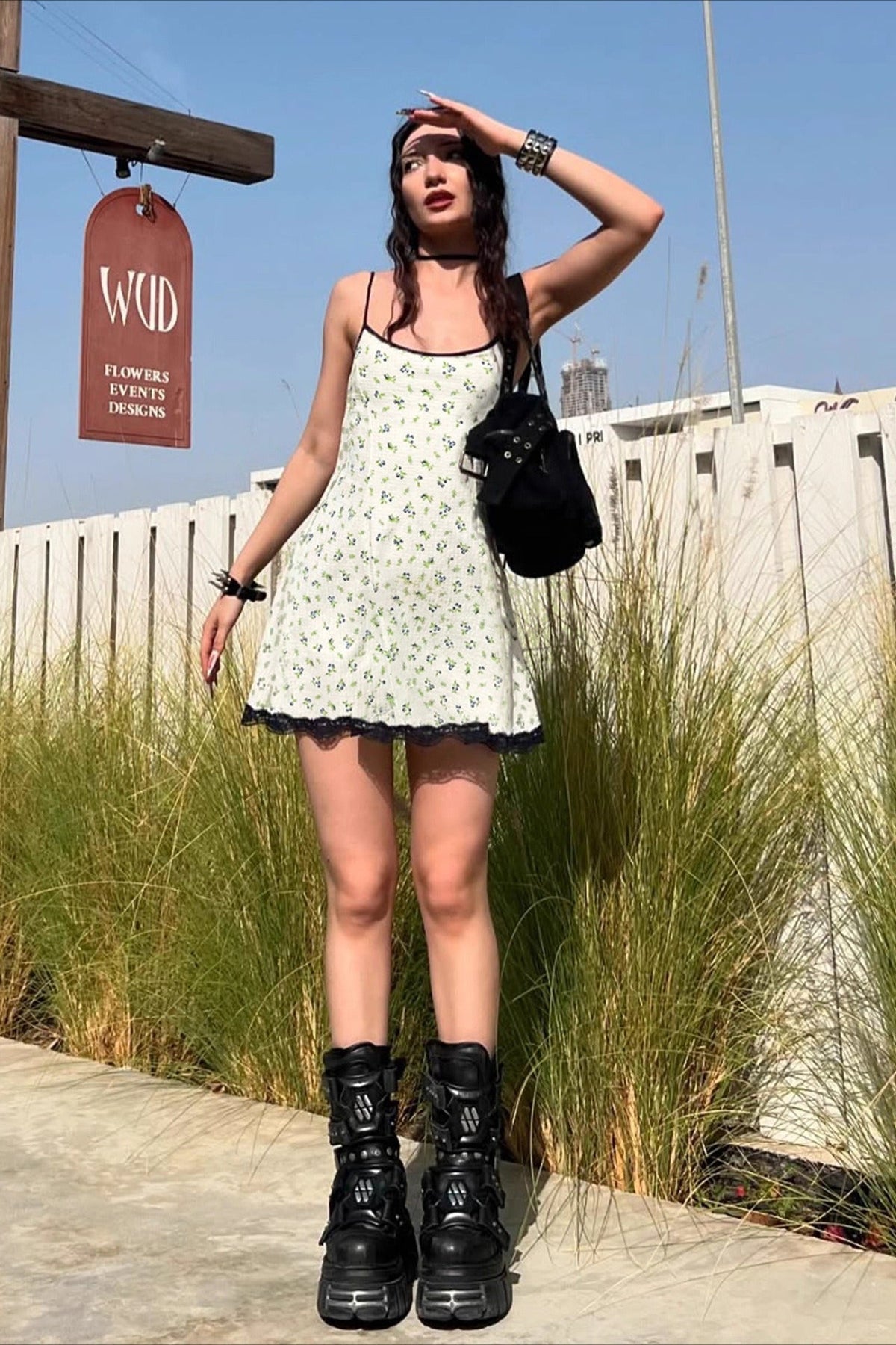 Ditsy Floral Lace-Trim Spaghetti Strap Mini Dress
