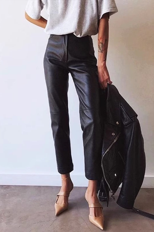 Office PU Straight Leg Stylish Casual Workwear Pants