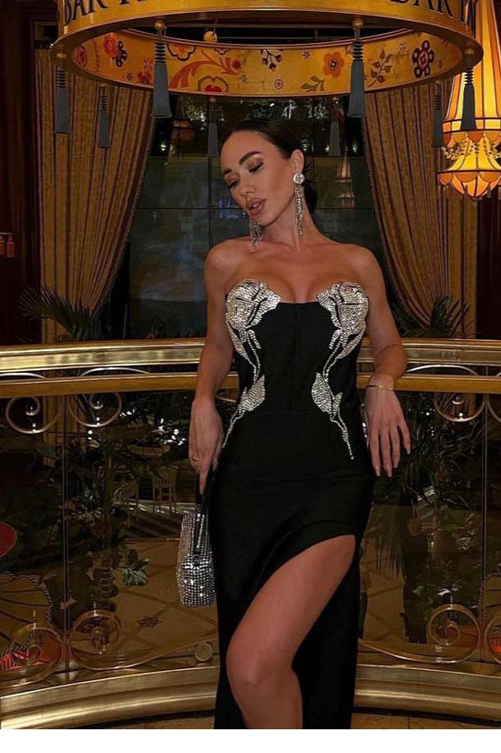 Strapless Crystal Rose Applique Thigh-Slit Dress
